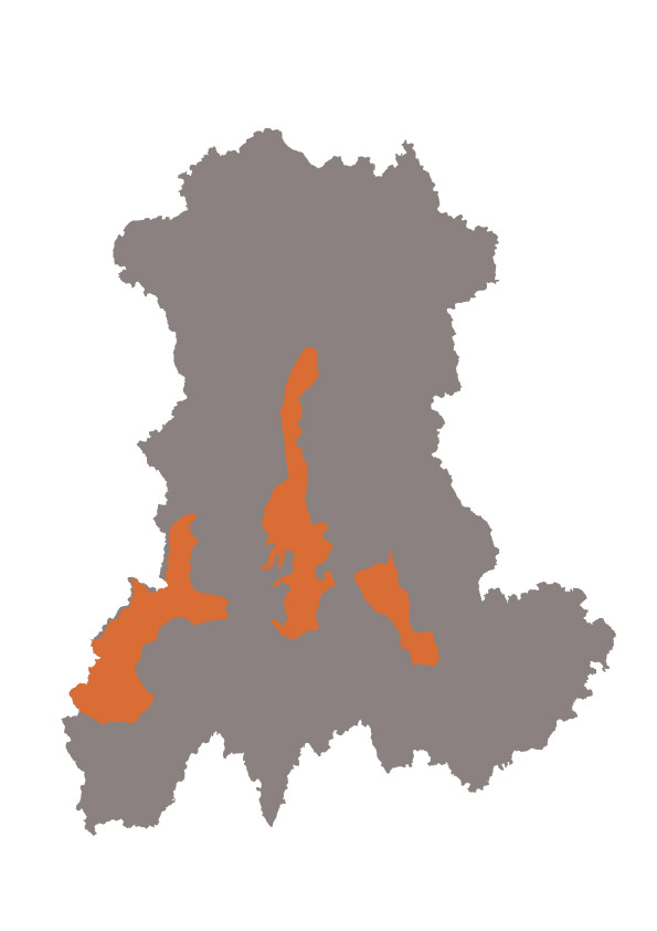 Carte de localisation des "coteaux et pays coupés" en Auvergne